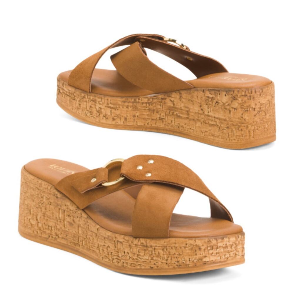 NWT LOTTINI Italy Suede Cross Band with Buckle Cork Wedge Slide on Sandals